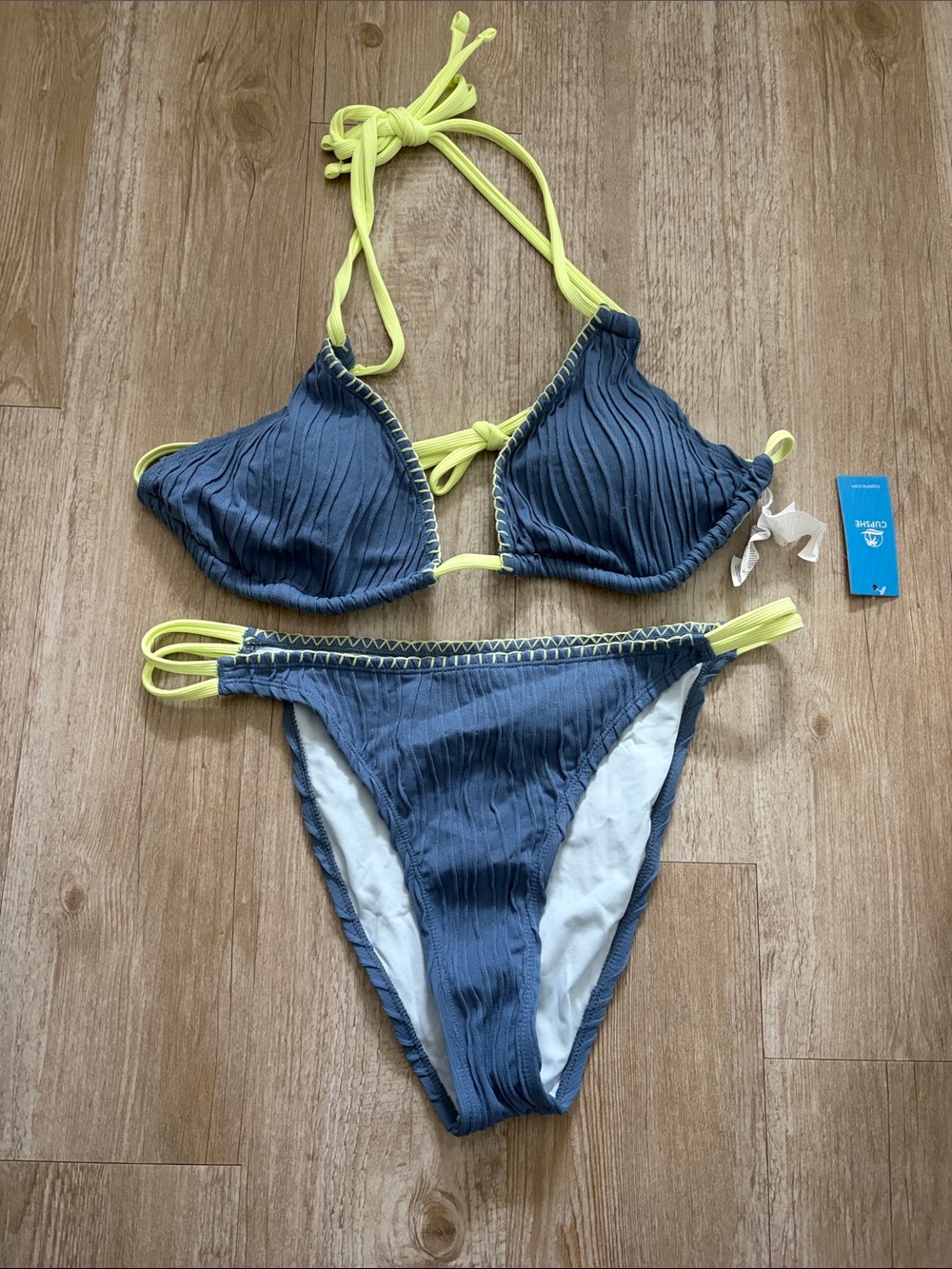 CUPSHE Blue Textured Bikini Set High Leg Cheeky